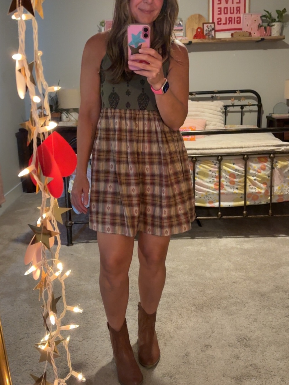 NATURAL LIFE Olive Green Printed Bodice Plaid Skirt Dress